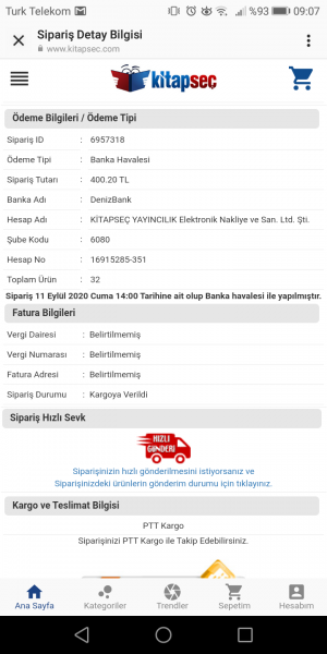 Kitapseç 11.09.2020 Tarihinde Ödemesini Yaptığım Siparişim Elime Ulaşmadı.