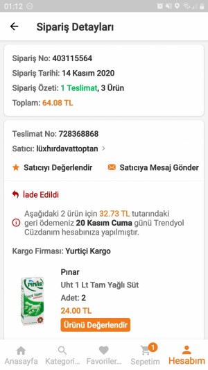 Trendyol 14 Kasımda 12 Adet Pınar Su Sipariş Verdim Trendyol Bana 6 Adet Sütaş Süt Getirdi