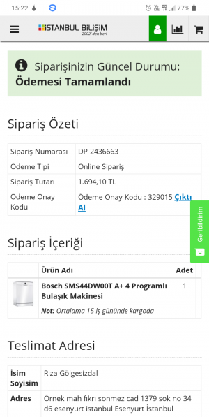 İstanbul Bilişim Ürün Gelmedi