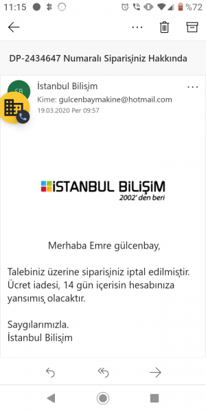 İstanbul Bilişim İptal Ettiğim Halde Para İadem Yapılmadı