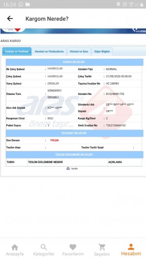 Aras Kargo Almış Olduğum Ürün Kargo Da Kayıp