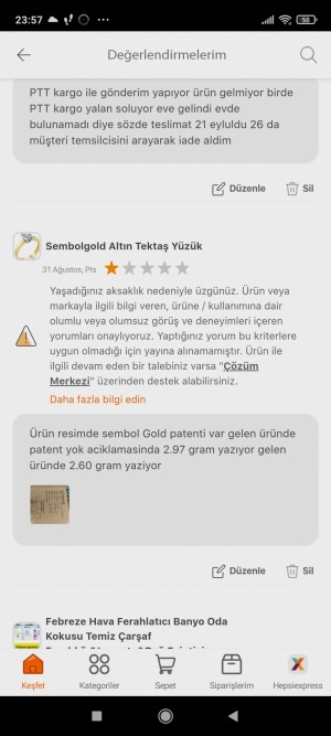 Hepsiburada Altın Açıklamasında Ki İle Gelen Altın Arasında Gram Farkı Var