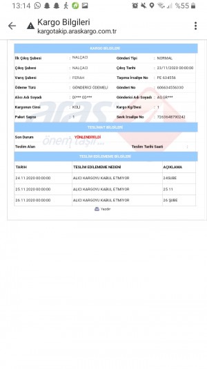 Aras Kargo Kargomu Adresime Getirmeden İade Ediyor