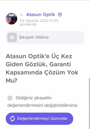 Atasun Optik Aynı Gözlük Aynı Sorun Dördüncü Kez Bunalttı.