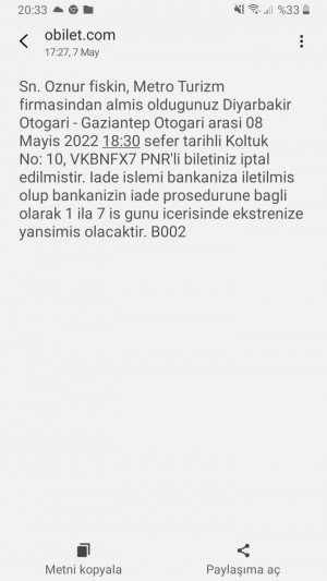 Metro Turizm Bileti Dört Saat İçinde İptal Etmeme Rağmen Para İadesi Yapılmadı