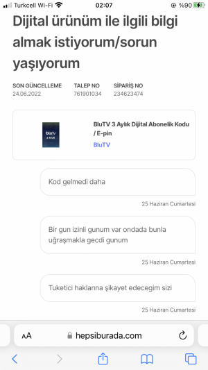 Hepsiburada Bulutv 3 Ay Üyelik Kodu Hiçbir Şekilde Gelmedi