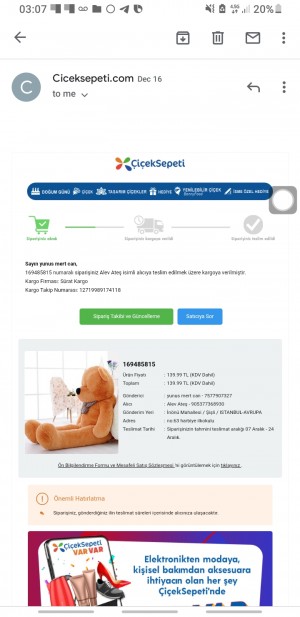 Çiçek Sepeti 6 Aralıkta Ulaşması Gereken Hediyeyi Mart Geldi Hala Ulaştırmadı