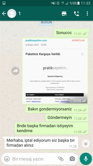 Pratik Sepetim Bana Gelen Bildiride Ürününüz Kargoya Verildi Denilmesiyle Halen Ürününün Teslim Edilmedi