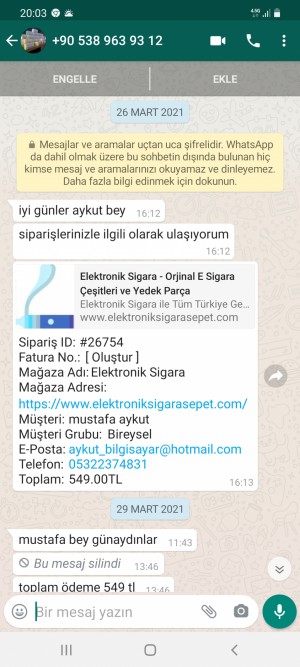 Elektroniksigarasepet.com Başka Numaradan Arayınca Açıp Sipariş Hattı Buyurun Diyorlar Sen Anlatıyorsun Suratına Kapanıyor Ve Engelleniyorsunuz
