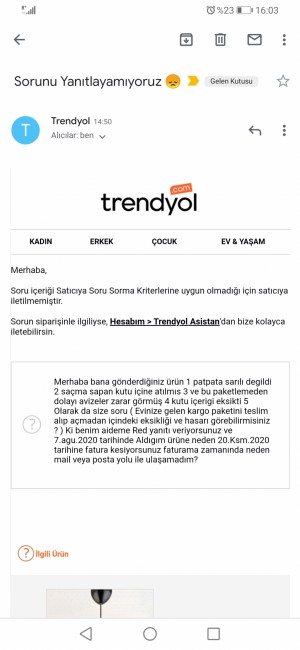 Trendyol Fatura Hasarlı Ürün