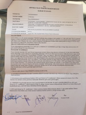 Evform Hasarlı Ürün Gönderme, Para İadesi Yapmama, Tüketici Hakları Kararını Tanımama, İcra
