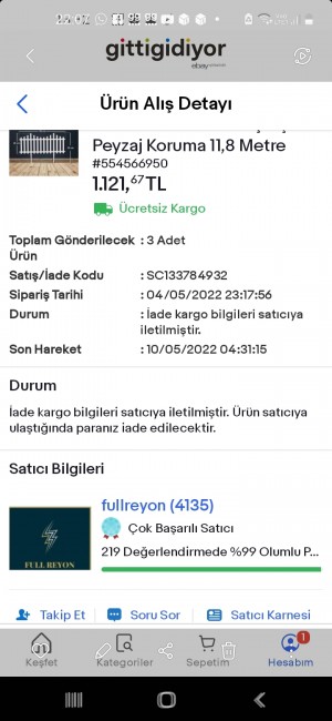 Gittigidiyor İade Ettiğim Ürünün Parası Ödenmedi