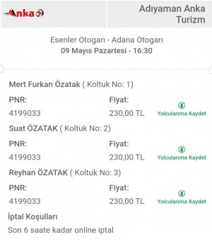 Adıyaman Anka Turizm Mükerrer Bilet Satışı