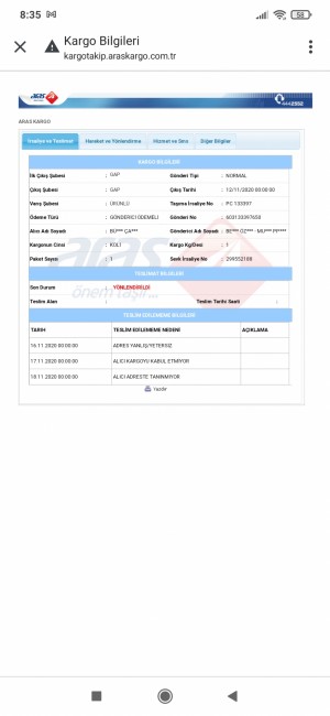 Aras Kargo Siparişin Gelmemesi