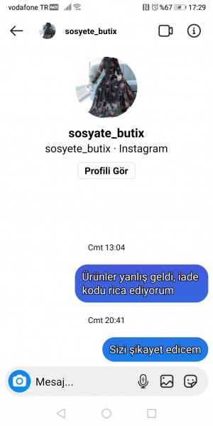 Sosyete_butix Firmasının Gönderdiği Ürünün Farklı Olması, İade Kodu Vermemesi