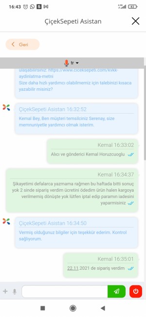 Çiçek Sepeti Teslim Edilmeyen Ürün