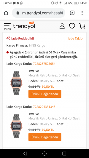 Trendyol Aracılığıyla Aldığım Twelve Saat Geri Gelmedi