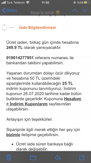 Trendyol Ürün İptalini Gerçekleştirip Para İadesi Yapılmadı.